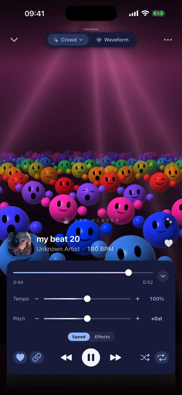 The player running a track below its recorded speed, with the tempo and pitch controls open.