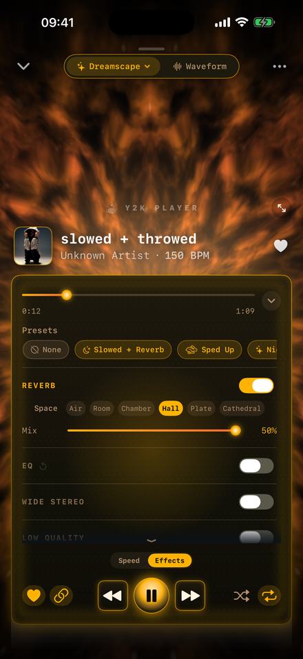 The Y2K Player effects panel over a Dreamscape visualizer, playing a track called "slowed + throwed" at 150 BPM. A preset row shows None, Slowed + Reverb and Sped Up; the Reverb group is on, Hall is selected from Air, Room, Chamber, Hall, Plate and Cathedral, and the Mix slider reads 50%.