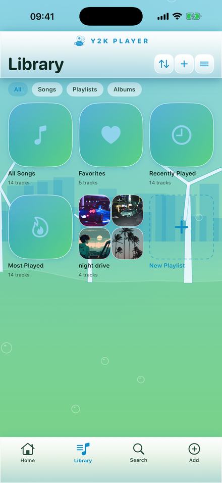 The Y2K Player library: tiles for All Songs, Favorites, Recently Played and Most Played showing 14 tracks, a playlist called "night drive" with four covers in its grid, a New Playlist tile, and a Home / Library / Search / Add tab bar.
