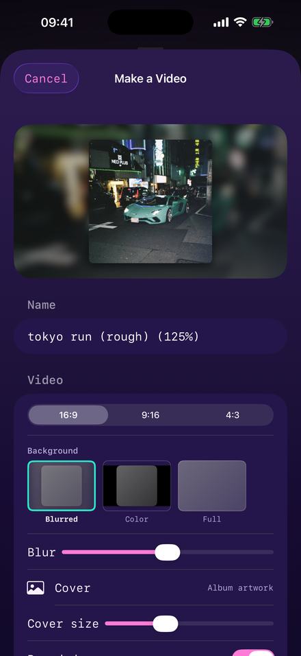 The Y2K Player export sheet with the file name already filled in as "tokyo run (rough) (125%)", a night-city photograph as the cover and the 16:9 aspect selected.