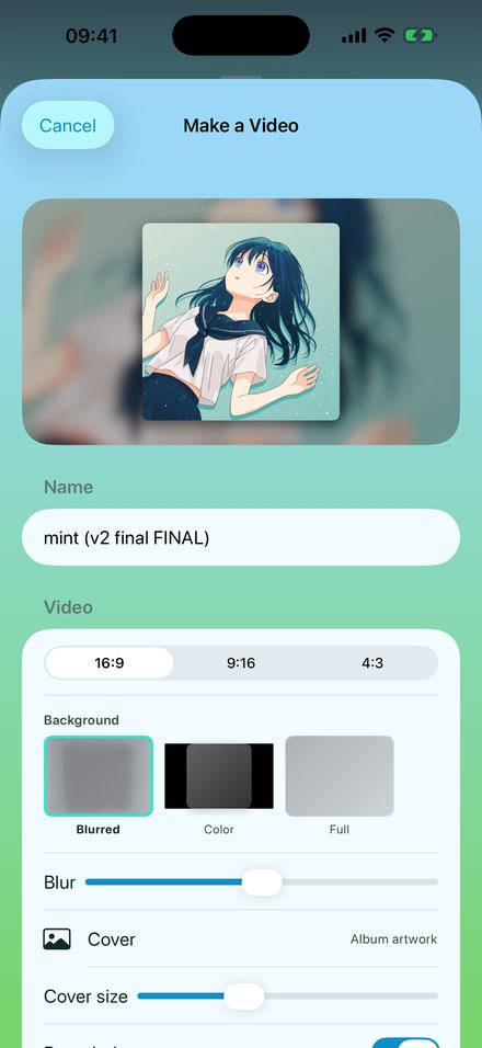The Make a Video sheet: an illustrated cover art square sitting centred over a blurred, enlarged copy of the same picture, with the name field reading "mint (v2 final FINAL)", 16:9 selected, and the Background row set to Blurred.