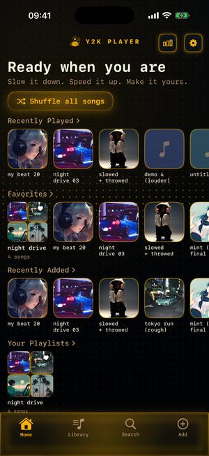The home screen in the Diode theme: a dark field with monospaced type and a single electric blue accent.