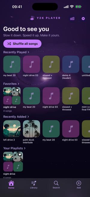 The home screen in the Galaxy theme: deep violet with a nebula wash behind the shelves.