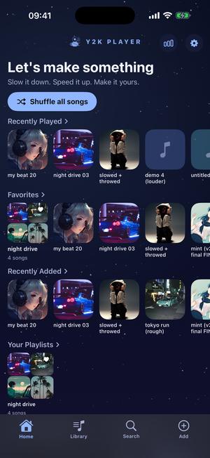 The home screen in the Stargaze theme: a deep navy field with a faint starfield and cool silver-blue controls.