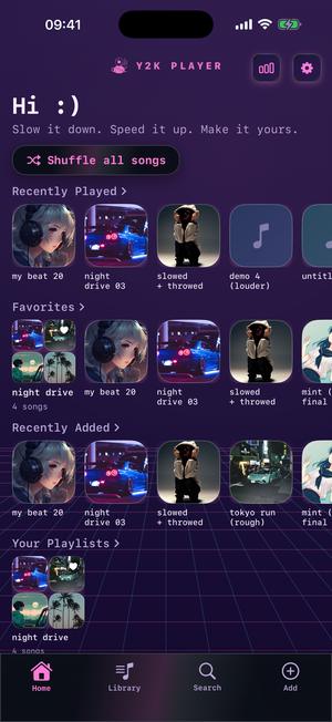 The library screen in the Vaporwave theme: purple dusk, a magenta grid floor and a hot-pink Shuffle pill.