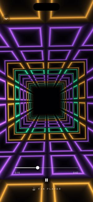 The Hyperdrive visualizer: a neon grid tunnel in gold, violet and green racing toward a vanishing point.