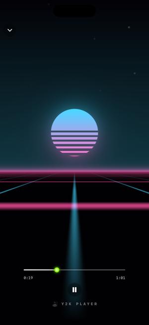 The Nightdrive visualizer: a striped sun setting over a magenta grid horizon.