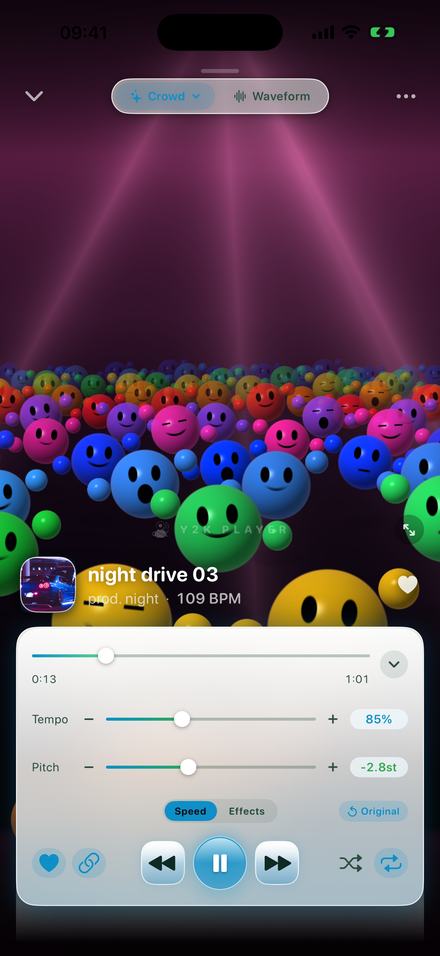 The speed panel on a track called "night drive 03" by prod. night at 109 BPM, with Tempo at 85% and Pitch at -2.8st, over a visualizer of glossy coloured spheres. A small Original button sits to the right of the tab row.