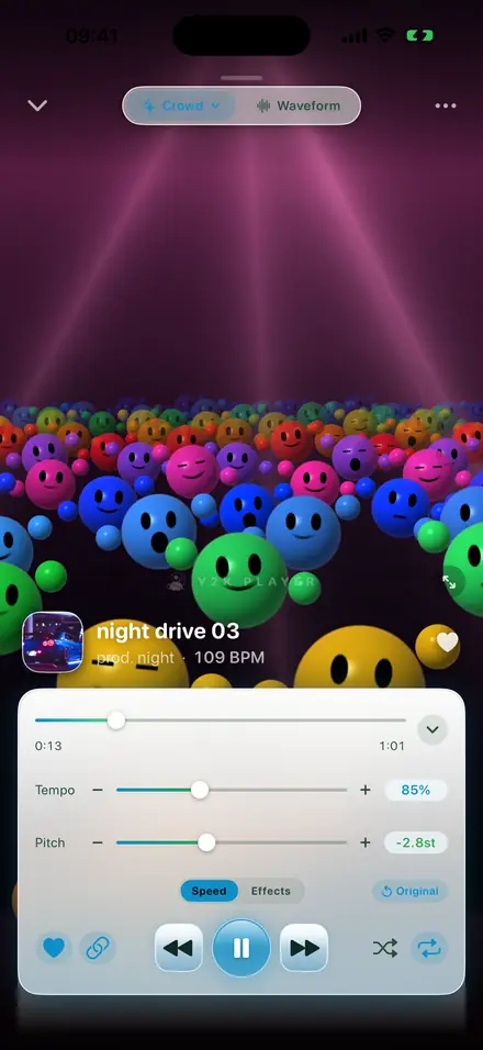 The player running a track at 85 percent speed, pitched down 2.8 semitones.