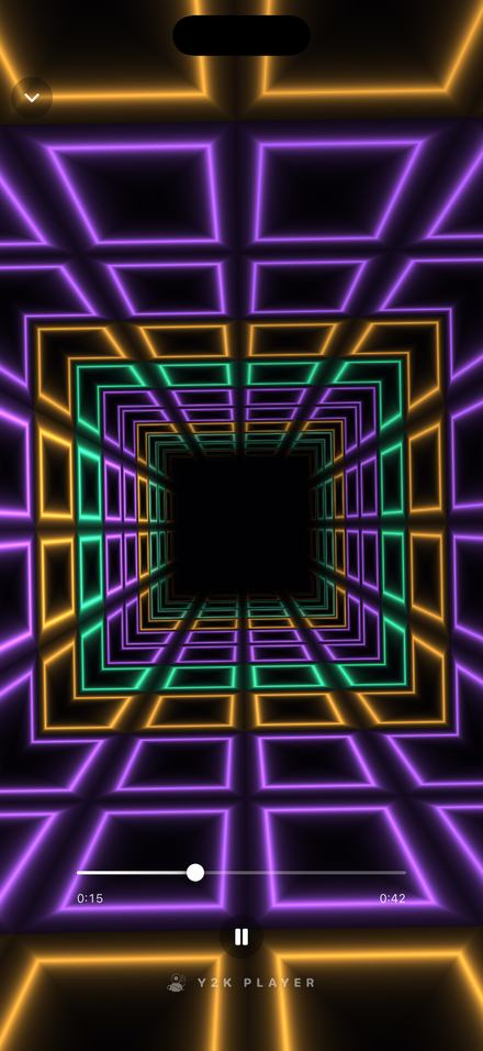 A full-screen visualizer: a square neon tunnel of purple, amber and green frames receding into black, each ring lit by a different band of the audio, with only a thin scrubber and a pause button over it.