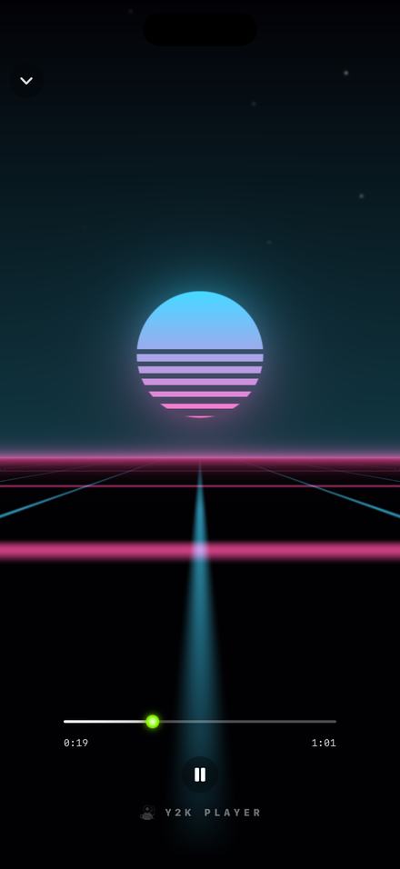A full-screen synthwave scene: a striped sun in blue and pink sitting above a neon horizon grid that runs away to a vanishing point, with a beam of light down the centre and a faint star field above.